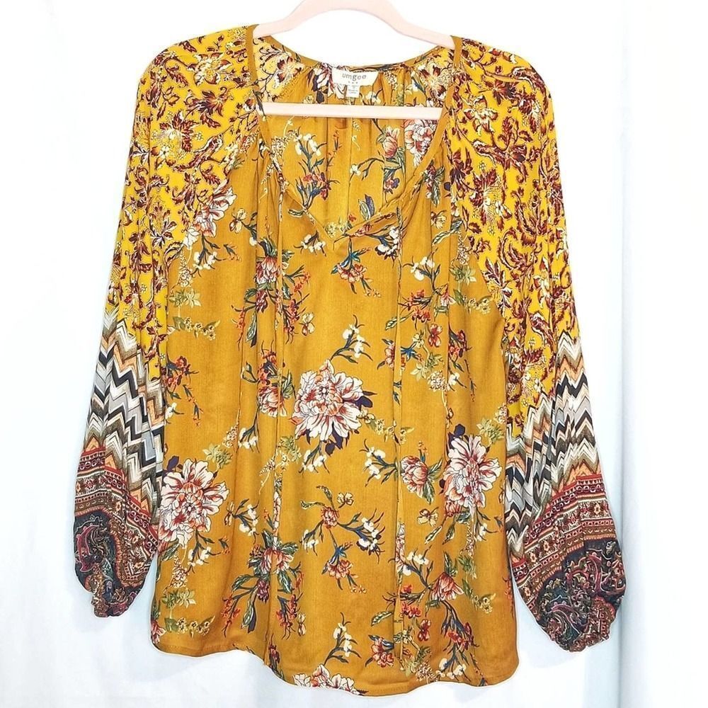 Umgee Golden Yellow Floral Boho Balloon Sleeves Tie Neck Blouse
